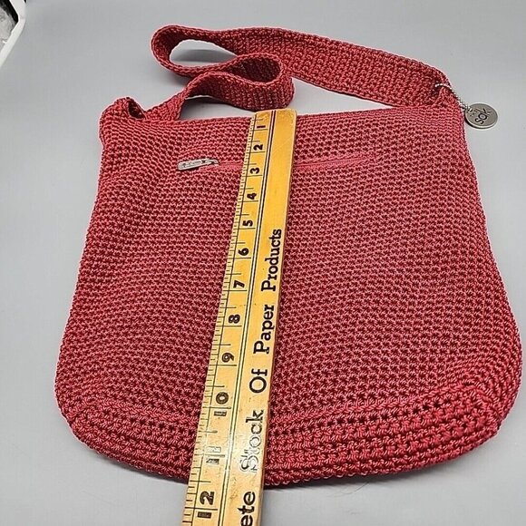 The Sak Crochet Shoulder Bag Red Zipper Pockets 11x12" Purse - Picture 4 of 7